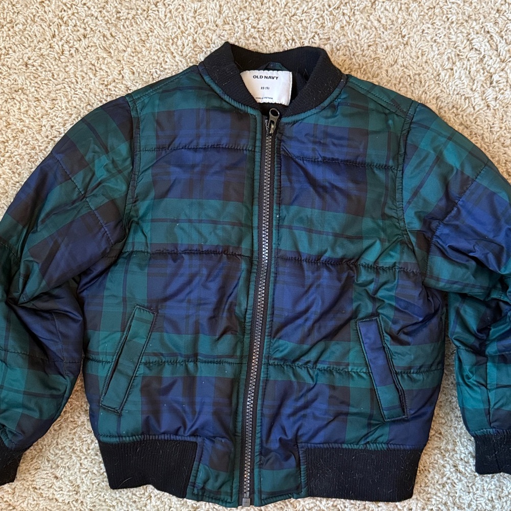 Old Navy Green and Navy Checkered Puffer Jacket